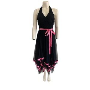 1990’s Black Lined Chiffon Handkerchief style Dress w/ pink ribbon and accents